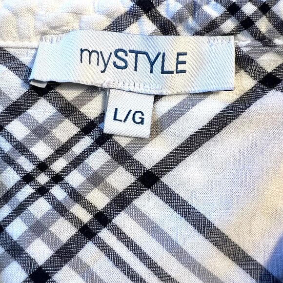 mySTYL Womens Shirt Top Plaid Button Up Long Sleeve Black White Pullover Large - Picture 7 of 9